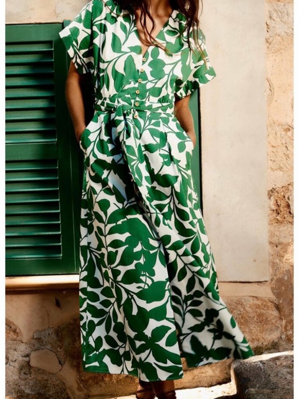 Zara Green & White Leaf-Print Maxi Dress with Belt